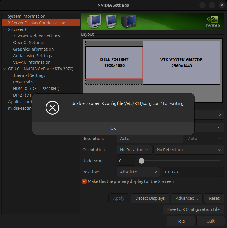 Fix Nvidia Settings unable to save X Server Configuration